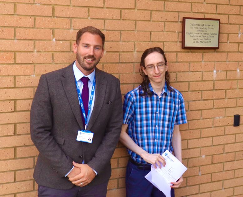 Mr Mills with William who achieved 4 A*s at A Level and is  reading Mathematics at Cambridge.