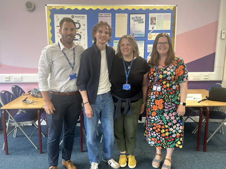 Noah (second left) pictured with Mr Mills (left), Miss Ritchie - Sixth Form Study Supervisor (second right) and Mrs Tibbles - Deputy Director of Sixth Form (right), achieved A*, A* A & A* in EPQ and is studying German and Spanish at the University of Oxford. Left to Right: Ben Brennecke A* A* A*, A in EQP (Reading Mathematics and Computer Science at Birmingham), Jess Britton A* A* A*, A in EQP (Reading Business Management at Leeds) and Phoebe Faupel, A* A* A (Reading Politics and International Relations at Manchester)